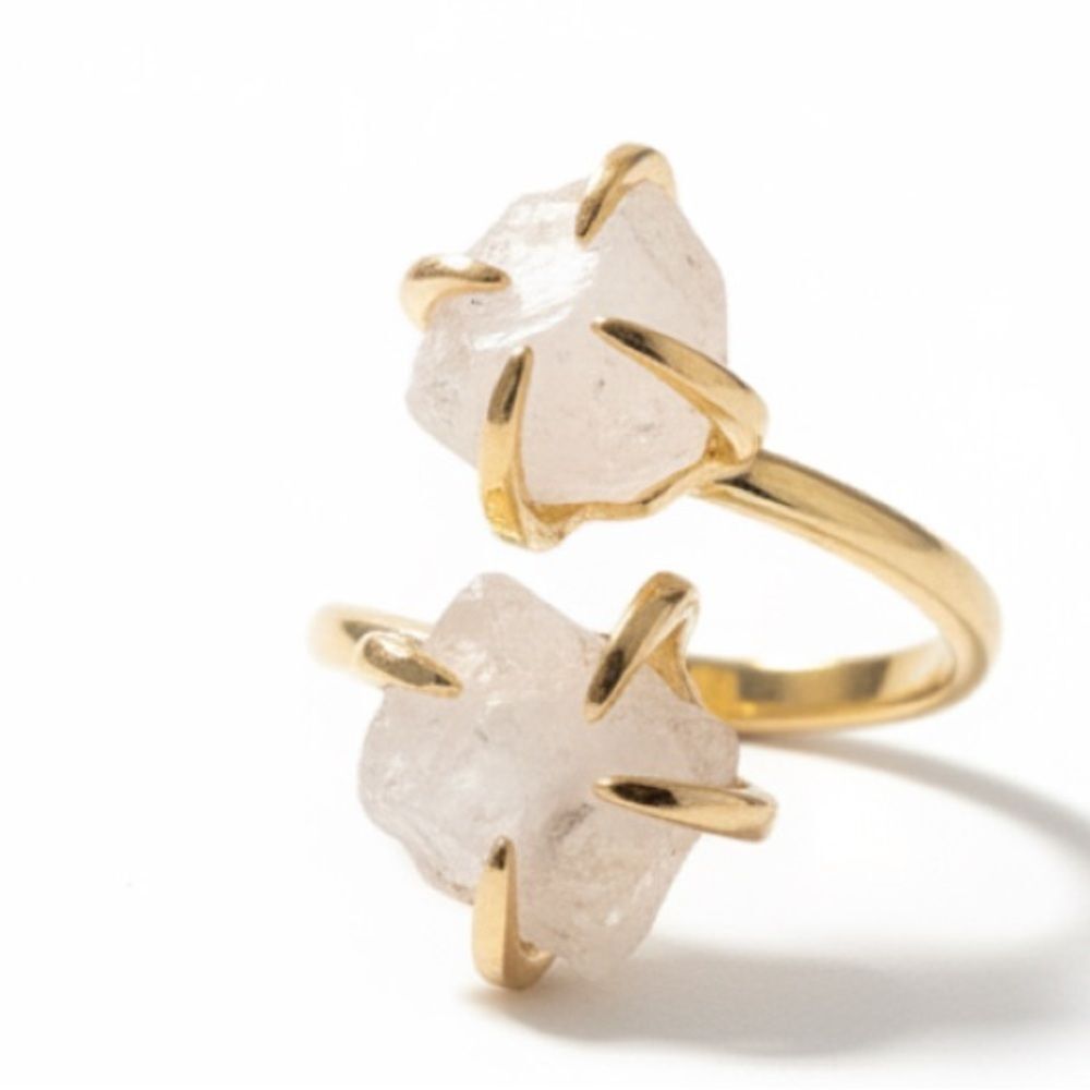 ✨ Rose Quartz Double Stone Gold Tone Open Band Ring Adjustable 6.5 ✨